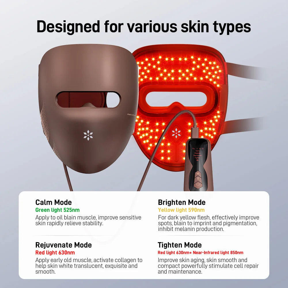 Caia™ Red Light Therapy LED Facial Mask Silicone Red Light Photon Skin Rejuvenation Wrinkle Removal Anti Acne Shrink Pores